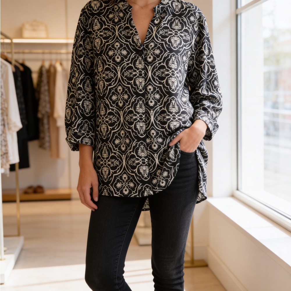 Linen Black & Cream Printed Tunic Top - Women